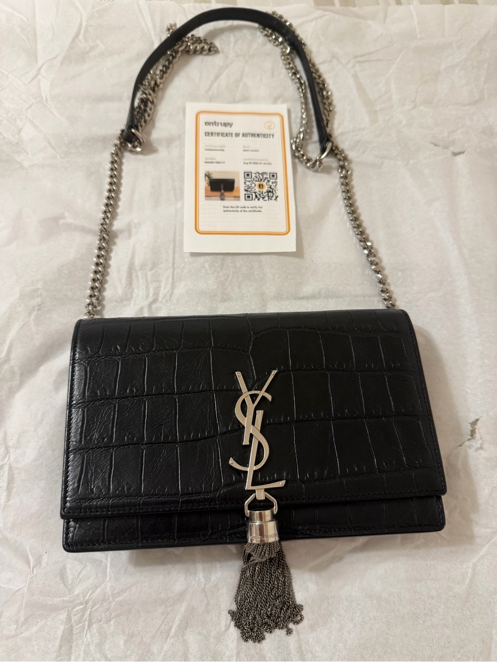 Saint Laurent Black Croc-Embossed Leather Tassel Chain Shoulder Bag